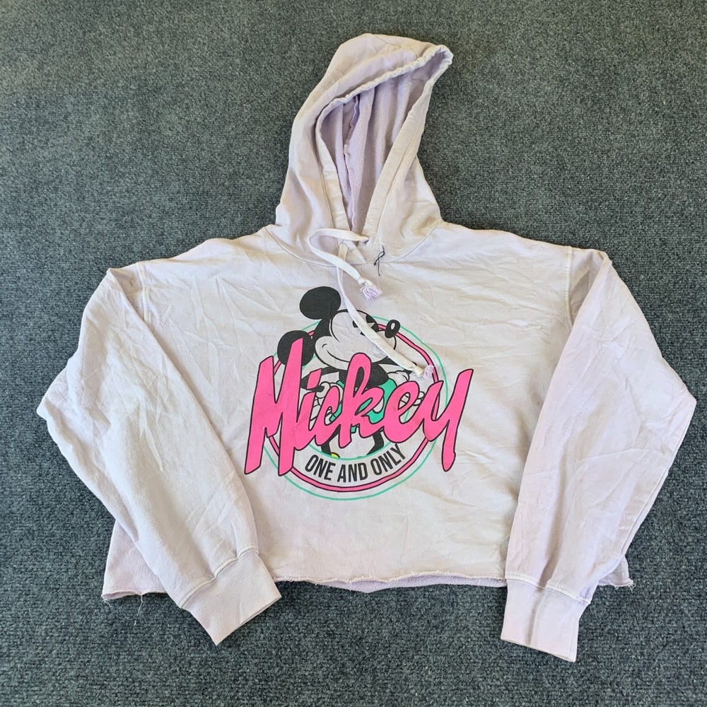 Disney Cropped Hoodie Women Small Purple Mickey One and Only Graphic Long Sleeve